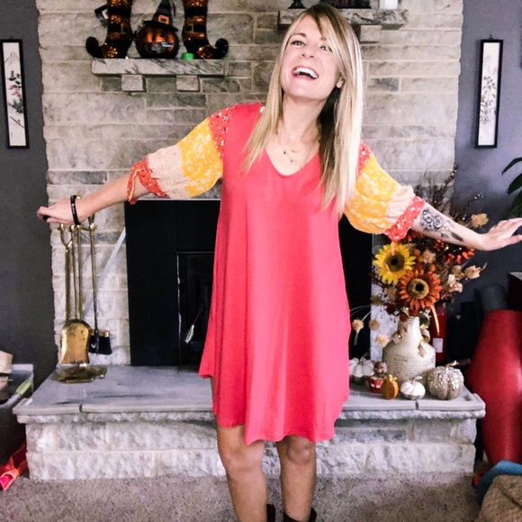 NWT Coral Dress with Floral Chiffon Sleeves - Picture 2 of 7